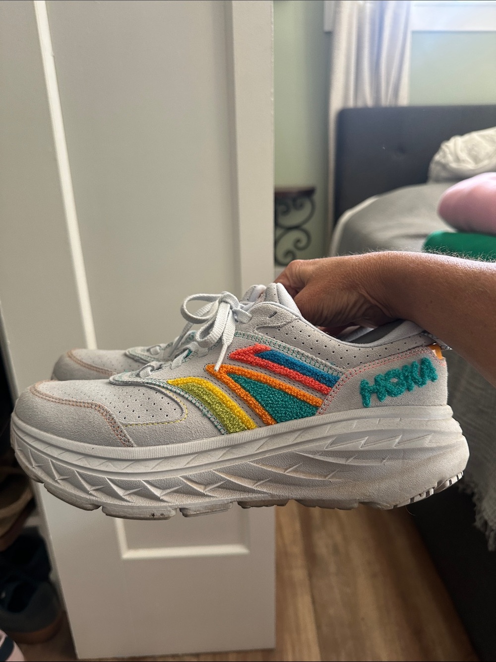 Hoka White Sneakers with Teal, Orange, Yellow & Pink Accents